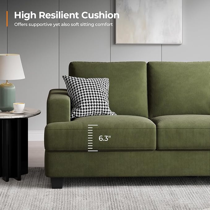 COPIAE 89 Inch Sofa with Extra Deep Seats Oversize, 3 Seater Sofa for Living Room, Modern Couch and Sofa, Comfy Armrests and Seats and Backrests, Easy Installation, Corduroy Fabric Green