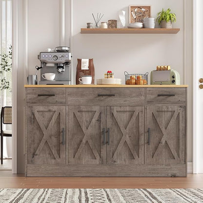 Vongrasig Buffet Cabinet with Drawers, 53” Large Sideboard Buffet Kitchen Storage Cabinet, Modern Farmhouse Coffee Bar with Shelves and Doors, Wood Buffet Table for Kitchen, Dining Room, Ash Grey