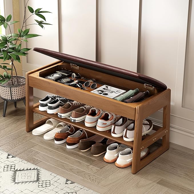 IUNVR Shoe Rack Bench with Hidden Storage, 2-TierSolid Rubberwood Entryway Bench with SoftLeather Cushioned Seat & Flip-Top Storage,330lbs Capacity, Wooden Shoe Organizer forHallway, Closet, Foyer