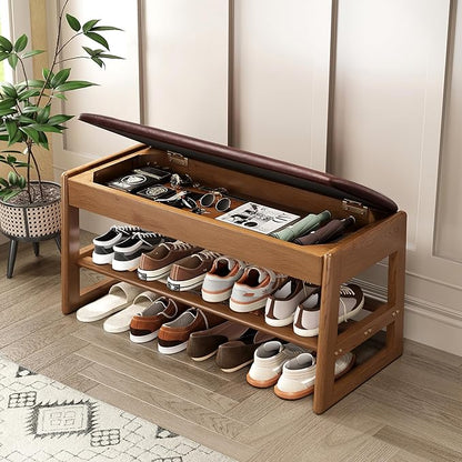 IUNVR Shoe Rack Bench with Hidden Storage, 2-TierSolid Rubberwood Entryway Bench with SoftLeather Cushioned Seat & Flip-Top Storage,330lbs Capacity, Wooden Shoe Organizer forHallway, Closet, Foyer
