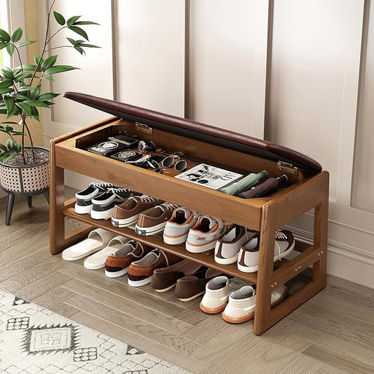 IUNVR Shoe Rack Bench with Hidden Storage, 2-TierSolid Rubberwood Entryway Bench with SoftLeather Cushioned Seat & Flip-Top Storage,330lbs Capacity, Wooden Shoe Organizer forHallway, Closet, Foyer