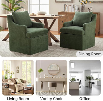 VKNOW Upholstered Dining Chairs Set of 6, Modern Kitchen Chairs Dining Room Chairs with 4 Casters, Chenille Armchair for Bedroom Reading Room Living Room, Green