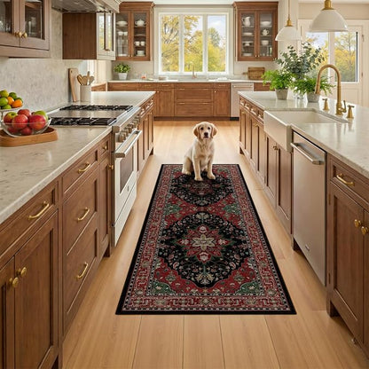 RELEANY Area Rugs Runner 2'x5' Washable Non-Slip, Floral Vintage Distress Medallion Carpet for Kitchen Hallway Bedroom Beside Laundry Room Bathroom, Red Black