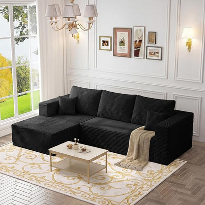 108" Modular Cloud Couch,L-Shaped Sectional Sofa with Deep Seats & Chaise,Upholstered Corduroy Boneless Couch for Living Room,No Need Assembly,Black(Left Facing Chaise)