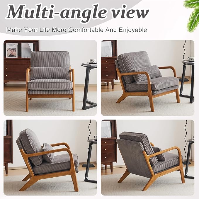 VINGLI Upgraded Premium Corduroy Accent Chairs Set of 2,Upholstered Arm Chair,Solid Wood Comfy Reading Chair with Lumbar Pillow, Mid Century Modern Chairs for Living Room,Bedroom,Light Grey