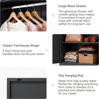 71" H Metal Armoire Wardrobe Closet with Drawers, Black Wardrobe Closet with Doors and Shelves,Tall Wardrobe Closet for Bedroom