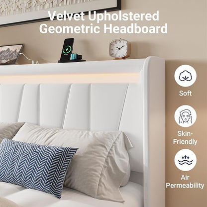 Allewie King Size LED Bed Frame with Charging Station, Velvet Upholstered Platform Bed with Geometric Wingback Headboard, Modern Frame with No Box Spring Needed, Easy Assembly, White