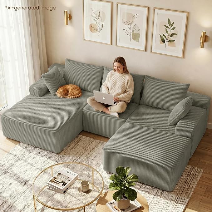 kinmars 108" Boneless Sectional Couch,Corduroy Cloud Couch Sectional for Living Room,Modern U Shaped Modular Sectional Couch,3 Seater Sofa (Camel, 108.9" U Shaped with Ottoman)