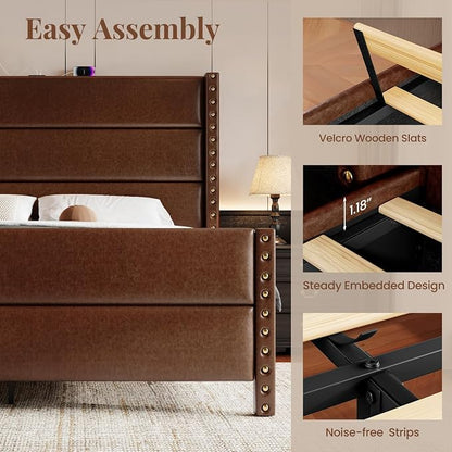 King Size Bed Frame with Storage Shelf & Charging Station, 55" Tall Headboard & 25.6" Footboard, Faux Leather Upholstered Platform Bed with Big Rivets Wingback, Heavy Duty & Noise-Free, Brown