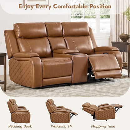 Watson & Whitely Genuine Leather Power Loveseat Recliner Sofa, Zero Gravity Reclining Sofa with Console, Power Headrest & Wireless Charging, Cup Holder, 2-Seater Recliner for Living Room, Saddle Brown