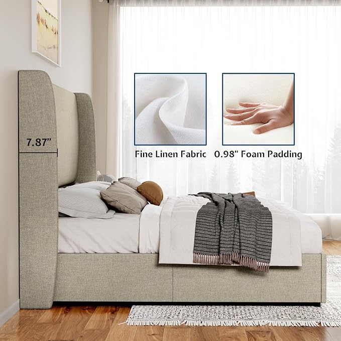 Jocisland Queeen Size Upholstered Platform Bed Frame with Hydraulic Lift Storage, Wingback Headboard, Wood Slats Support, No Box Spring Needed, Linen Off Khaki