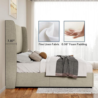 Jocisland King Size Upholstered Platform Bed Frame with Hydraulic Lift Storage, Wingback Headboard, Wood Slats Support, No Box Spring Needed, Linen Khaki