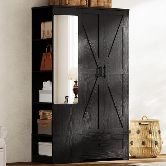 LIKIMIO Armoire Wardrobe Closet 70 Inches, Large Storage with Mirror, 2 Doors, Drawer, and Shelves, Modern Bedroom Freestanding Wooden Wardrobe Combination with Hanging Rail, Black