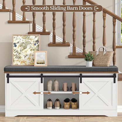 Farmhouse Storage Bench with Cushion, 47.2" Shoe Bench with Slide Barn Doors and Adjustable Shelves, Entryway Bench with Storage for Bedroom, Closet, Living Room, Hallway, White