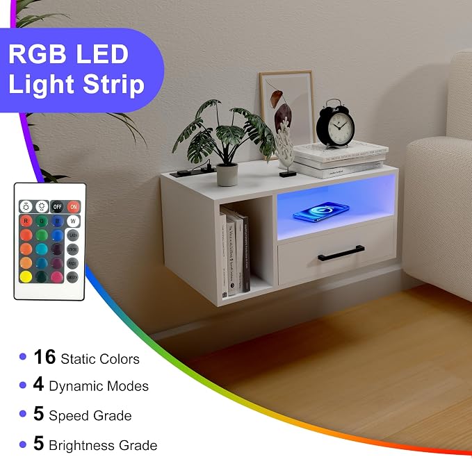 Homaterial Floating Nightstand with Charging Station and LED Lights, Floating Bedside Table with Drawers Wall Mounted Nightstands,for Bedroom Room, 21.3" x 11.8" x 10",White