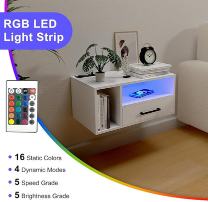 Homaterial Floating Nightstand with Charging Station and LED Lights, Floating Bedside Table with Drawers Wall Mounted Nightstands,for Bedroom Room, 21.3" x 11.8" x 10",White