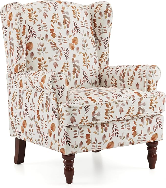 EROMMY Floral Accent Chair, Comfortable High Back Upholstered Armchair with Solid Wood Legs, Leisure Single Sofa Chair for Living Room, Home Office, Bedroom, Orange Floral