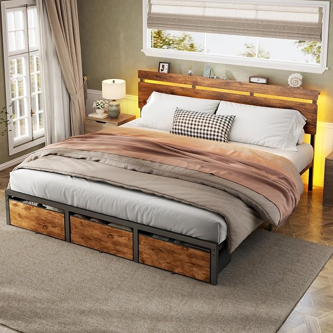 Forestell King Size Bed Frame with Wood Headboard, Metal Platform Bed with 3 Storage Drawers & Shelf, Built-in Charging Station & LED Lights, No Box Spring Needed, Vintage Brown, Camas King