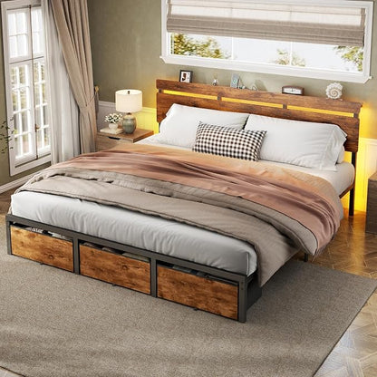 Forestell King Size Bed Frame with Wood Headboard, Metal Platform Bed with 3 Storage Drawers & Shelf, Built-in Charging Station & LED Lights, No Box Spring Needed, Vintage Brown, Camas King