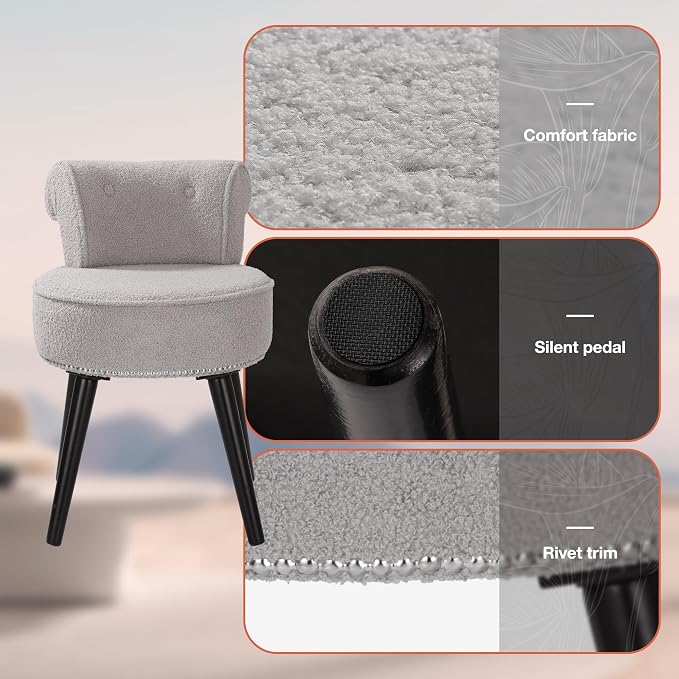 Vanity Chair with Back, Sherpa Stool with Tufted Backrest & Silver Nailhead Trim, Round Vanity Seat for Bedroom and Bathroom Makeup, Support 220lbs, Easy Assembly (Teddy Gray)