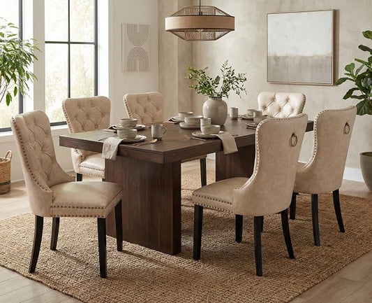 CIMOTA Beige Leather Dining Chairs Set of 6 Mid Century Modern Dining Room Chairs Tufted Upholstered Kitchen Dining Chairs Comfortable Side Chairs with Nailhead Trim/Ring Back (PU /6PCS)