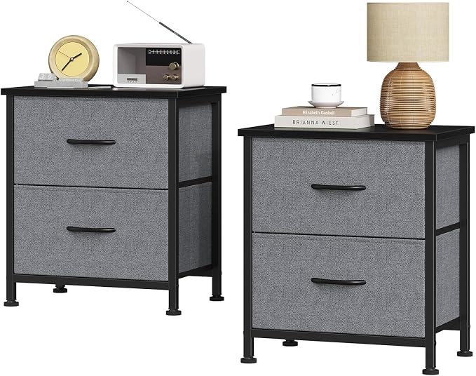Sweetcrispy Nightstand Set of 2 with 2 Storage Drawers, Small Bedside Table | 20" Height End Table, Bedroom Furniture, Wooden Top Fabric Cabinet, Closet, Entryway, Gray 2PC