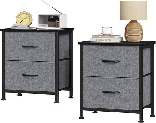 Sweetcrispy Nightstand Set of 2 with 2 Storage Drawers, Small Bedside Table | 20" Height End Table, Bedroom Furniture, Wooden Top Fabric Cabinet, Closet, Entryway, Gray 2PC