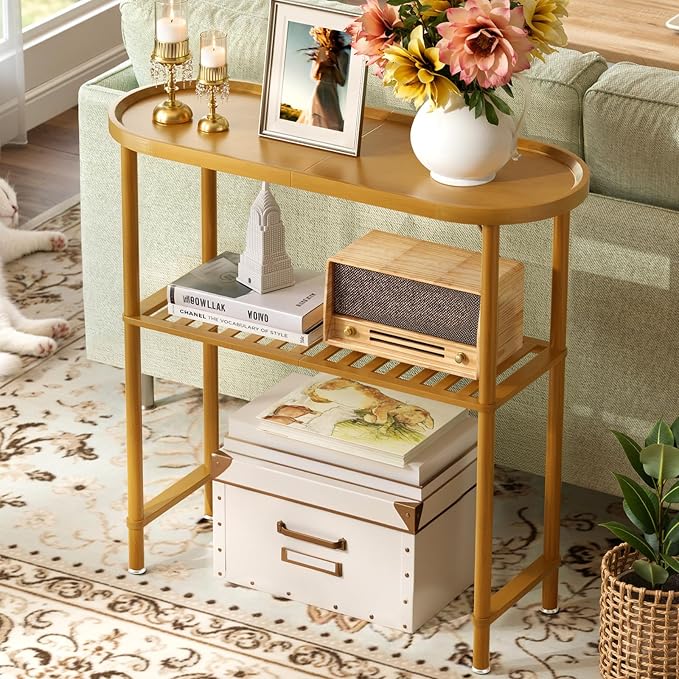 Small Entryway Table Bamboo, Narrow Hallway Table 2-tier, Slim Console Table with Anti-fall Edge, Sofa Side Table 5min Assembly, Small TV Stand, Plant Stand, Walnut, 30.7"L x 11.8"W x 29.7"H