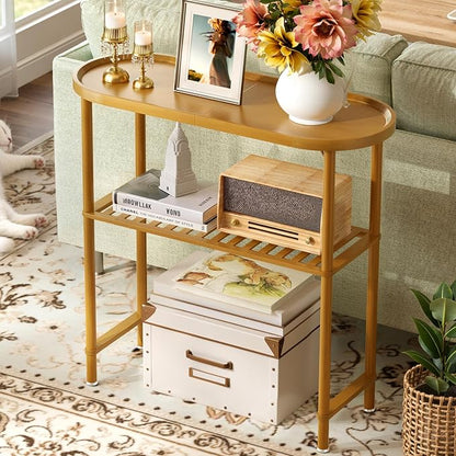 Small Entryway Table Bamboo, Narrow Hallway Table 2-tier, Slim Console Table with Anti-fall Edge, Sofa Side Table 5min Assembly, Small TV Stand, Plant Stand, Walnut, 30.7"L x 11.8"W x 29.7"H
