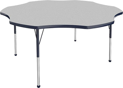 FDP Flower Activity School and Office Table (60 inch), Standard Legs with Ball Glides for Collaborative Seating Environments, Adjustable Height 19-30 inches - Gray Top and Navy Edge
