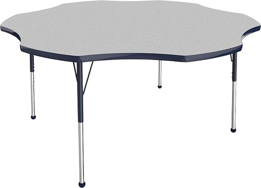 FDP Flower Activity School and Office Table (60 inch), Standard Legs with Ball Glides for Collaborative Seating Environments, Adjustable Height 19-30 inches - Gray Top and Navy Edge