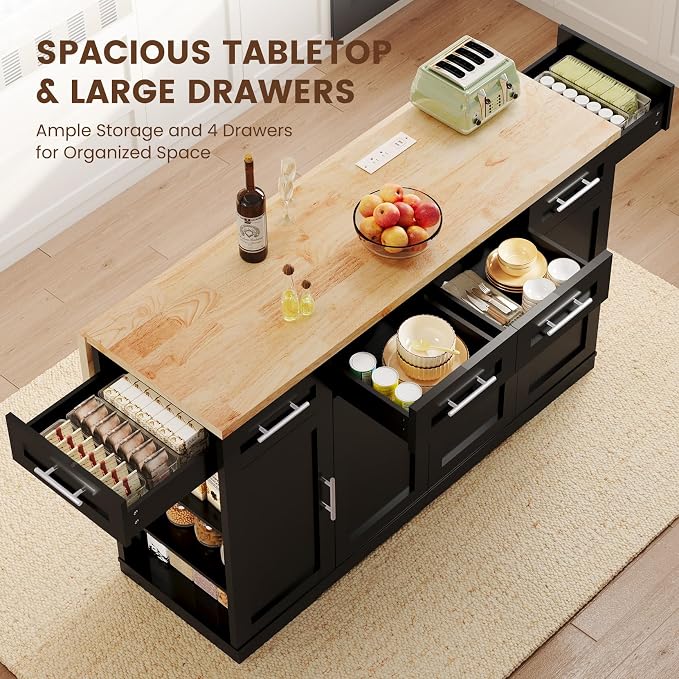 Dripex 53'' Rolling Kitchen Island with Power Outlet, Drop Leaf & Trash Can Storage, Large Island Cart on Wheels with Rubberwood Top, 4 Drawers, Open Shelves, for Kitchen, Dining Room (Black)