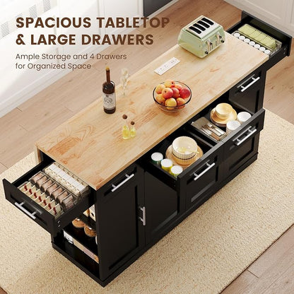 Dripex 53'' Rolling Kitchen Island with Power Outlet, Drop Leaf & Trash Can Storage, Large Island Cart on Wheels with Rubberwood Top, 4 Drawers, Open Shelves, for Kitchen, Dining Room (Black)