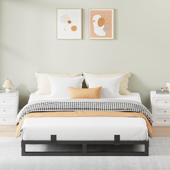 Queen Bed Frame, 6 Inch Metal Platform Bed Frames with Squeak Free U-Slot Design, 6 Non-Slip Guards, 3500lbs Heavy Duty Steel Slat Support, No Box Spring Needed, Under Bed Storage, Black