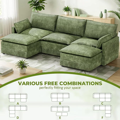LEVELEVE 112.5" U-Shape Modular Sofa with 2 Ottomans, Deep Seat Cloud Convertible Sleeper, 2 Arm Pillows, Comfortable Upholstered Furniture for Living Room Apartment, Green