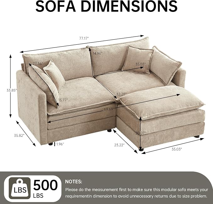 Modular Sectional Sofa, 77 Inch L Shaped Couch Set with Armrests, 2-Seater Comfy Cloud Couches for Living Room Apartment, Coffee