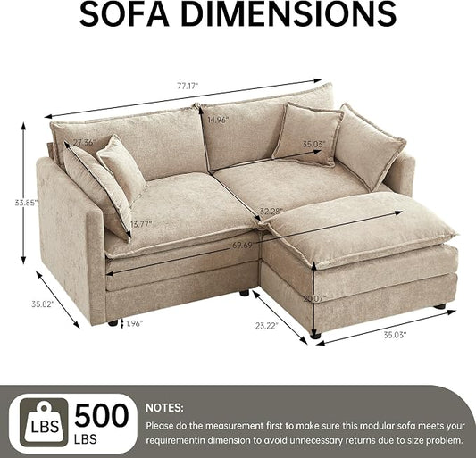 Modular Sectional Sofa, 77 Inch L Shaped Couch Set with Armrests, 2-Seater Comfy Cloud Couches for Living Room Apartment, Coffee