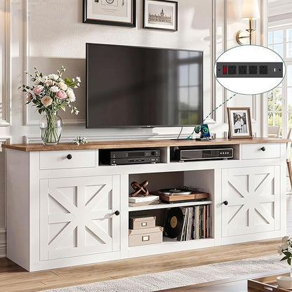 YITAHOME 70" Farmhouse TV Stand for 75/80 Inch TVs, Entertainment Center with Drawers, Adjustable Shelves & Built-in Power Outlet, Stable Anti-Tip TV Console Cabinet for Living Room, White+Walnut Top