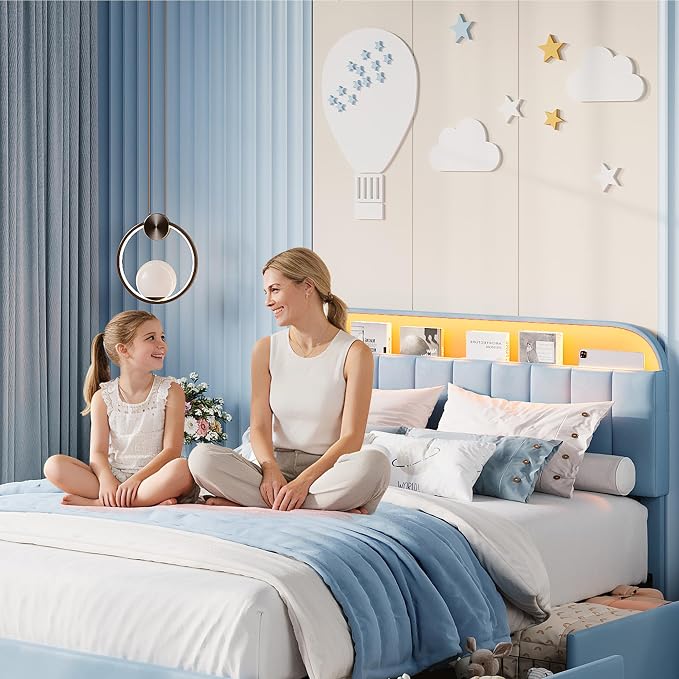 Garvee Twin XL Size Bed Frame with 2 Flexible Drawers, Upholstered Platform Bed Frame with Bookcase Headboard and LED Lights, Kids Bed for Boys, Easy Assembly, Noise Free, Blue