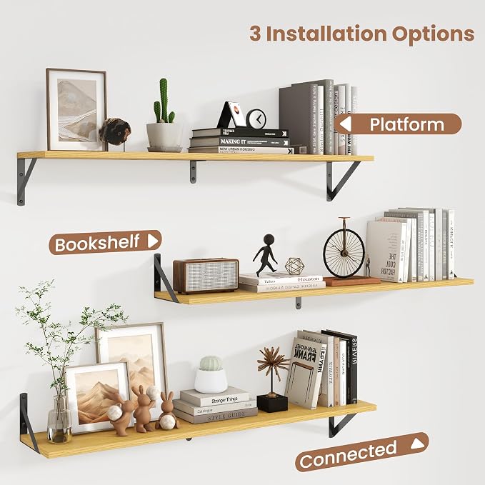 Axeman 40'' x 8'' Oak Floating Shelves for Wall with Brackets Set of 2 | 40 Inch Oak Book Shelf for Living Room Bedroom, Includes Mounting Hardware, Holds up to 45Lbs