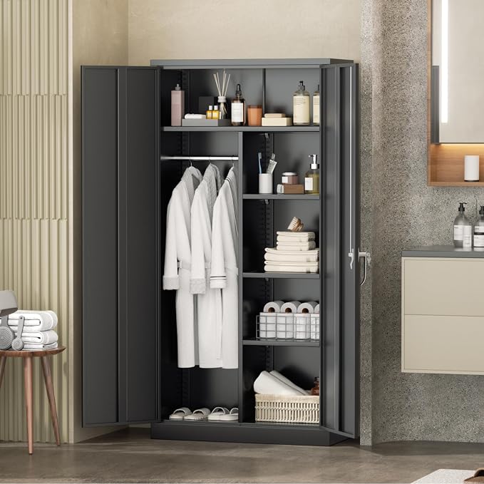 INTERGREAT Wardrobe Cabinets with Locking Doors and Shelves, Clothing Locker 72“ X 36“ X 18“ Storage Cabinets for Home Room, School, Employee,Gym (Black)