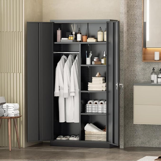 INTERGREAT Metal Wardrobe Cabinets with Lock, 72" Clothing Storage Cabinets with Hanging Rod and 4 Adjustable Shelves, Armoire Wardrobe for Office, School, Employee, Government, Black