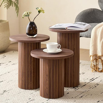 3-Piece Nesting Coffee Table Set, Modern Small Round Side Tables Fluted Drum Base, for Living Room Bedroom Apartment Small Space, Brown