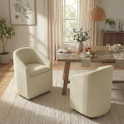 KISLOT Upholstered Dining Chairs with Casters, Washable Cover Modern Dining Room Chairs with Barrel Backrest & Dual Armrest for Kitchen, Living Room, Bedroom, Sand Fabric, 4PCS