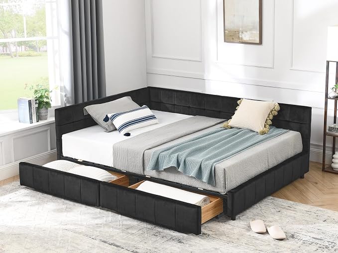 KEIKI Full Size L Shape Corner Bed Frames with 2 Storage Drawer, Backrest and Armrests, Velvet Upholstered Sofa Daybed for Small Room, Living Room, Bedroom, Guest Room, Kids' Room