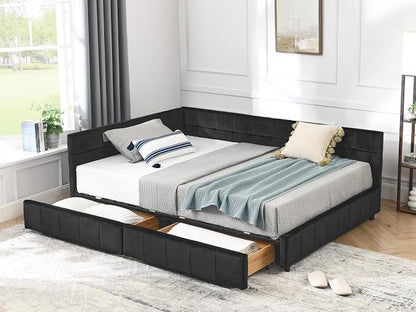 KEIKI Full Size L Shape Corner Bed Frames with 2 Storage Drawer, Backrest and Armrests, Velvet Upholstered Sofa Daybed for Small Room, Living Room, Bedroom, Guest Room, Kids' Room