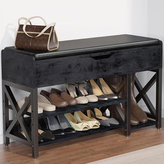 Shoe Bench, Lift Top Shoe Storage Bench, Adjustable Shelf Entryway Bench with Padded Cushion for Entry, Closet, Living Room, Hallway, 2-Tier Shoe Rack Organizer(Black, 35.5“W)