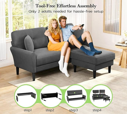 Kidirect Small Sectional Couch, 69" L Shaped Couch, Sectional Sofa, Grey | Comfy Velvet Couch, Tool-Free Setup, 750lb Max Load, Movable Ottoman, Ideal for Living Room, Bedroom, Apartment, Office