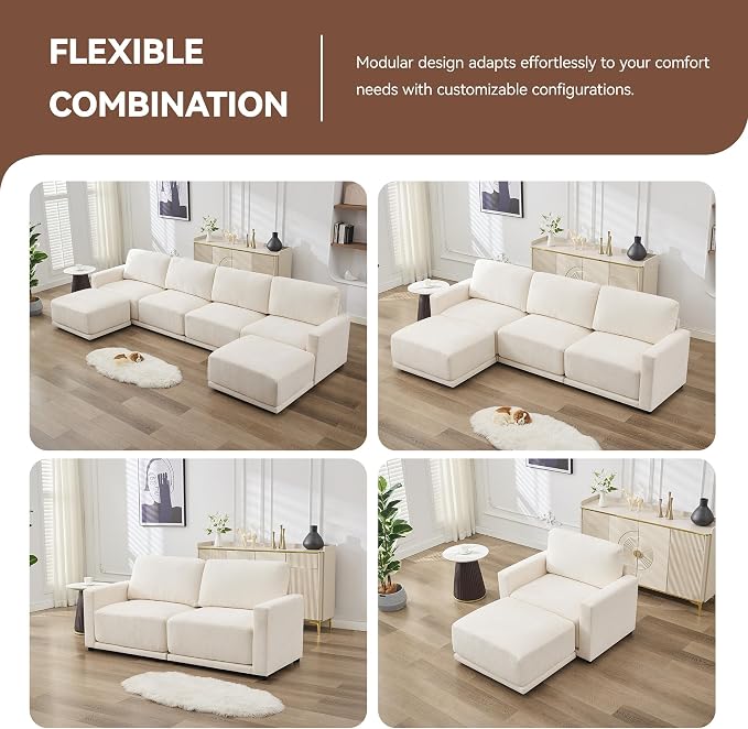 110.6" L Shaped Modular Sectional Sofa Modern Chenille Comfy Couch with Thickened Seat Cushions, Easy Assembly, Upholstered 4 Seater Couch with Movable Ottoman for Living Room, White