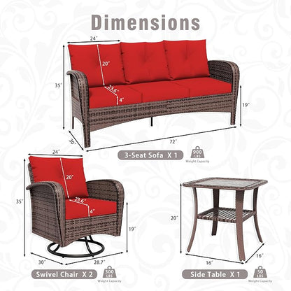 4 Piece Patio Conversation Set - 2 Swivel Chairs 1 Coffee Table 3-Seater Sofa, PE Wicker & Steel Patio Furniture with Heavy-Duty Steel Frame,Weatherproof Cushions, Red